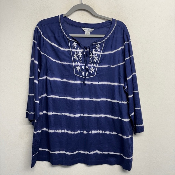 Tommy Bahama, navy blue cotton tunic blouse L striped floral embroidered - Picture 1 of 6